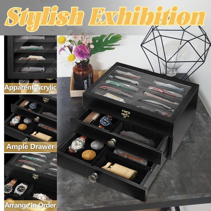 montex Knife Display Case,3 Layer Pocket Knife Display Case Wood, Knife Collection Display Case with Drawers, Pocket Knife Organizer for Gifts, Black - Image 4